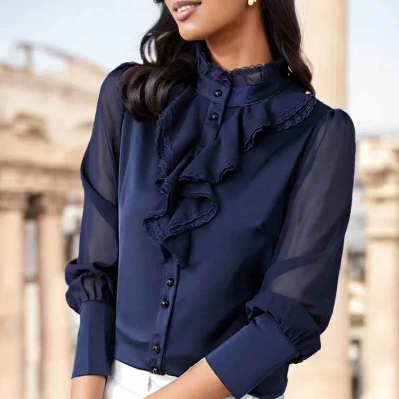 Elegant Lace Chiffon Blouse for Women, Ruffle Shirt, Casual Long Sleeve Tops, Dark Blue Button, Female Clothing, Fashion, 20389