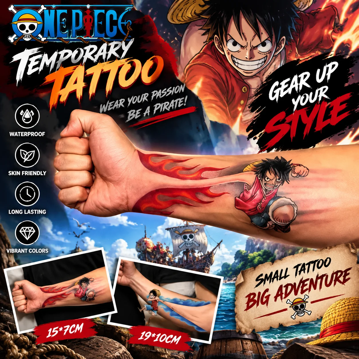 One Piece Luffy Fire Fist Arm Tattoo Sticker Waterproof Sweat Resistant Long Lasting Realistic Scar Cover Removable Washable