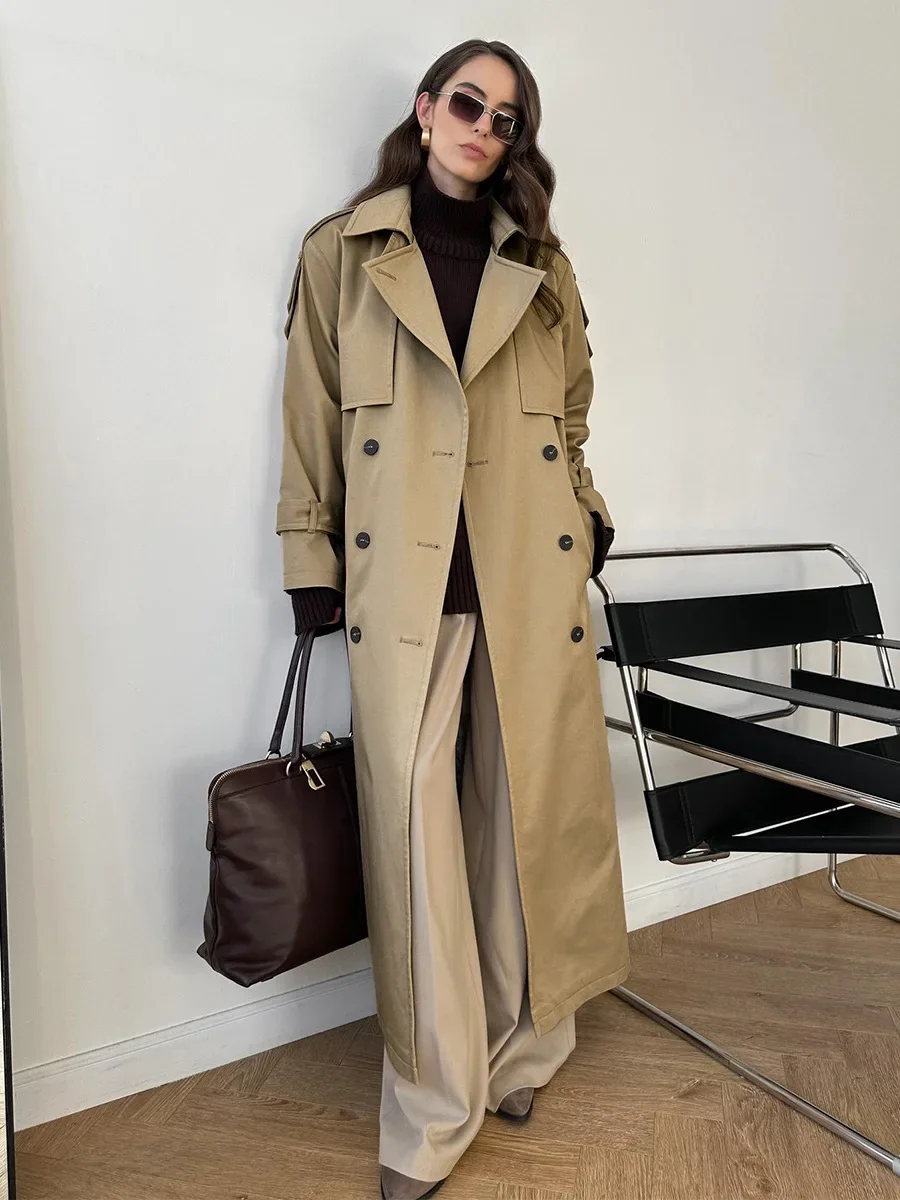 Women's Extra Long Trench Coat Cotton Retro Loose Outerwear Belted Waist New Autumn Winter Jackets