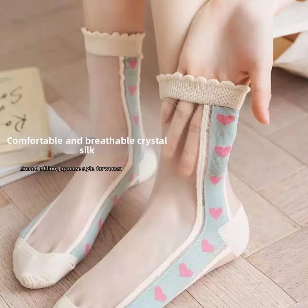

5 шт./компл. ультратонкие прозрачные шелковые носки с кристаллами, эластичные носки средней длины с милым цветочным принтом, кружевной дизайн, женские носки кремового цвета