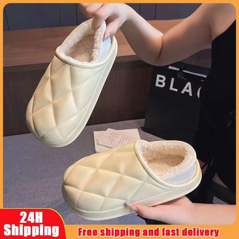 Winter Indoor Home Couple Slippers Male Women Leather Fur Plush Slipper Warm Soft Non Slip Waterproof Flat Cloud Casual Shoes