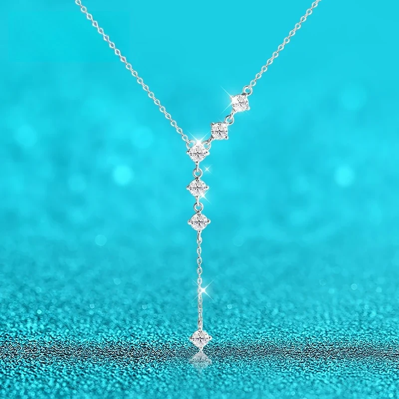 

4mm Tassel Necklace Moissanite Pendant Round Cut Sparkling Neck Chain Girls Christmas Gift 925 Sterling Silver Plated 18K
