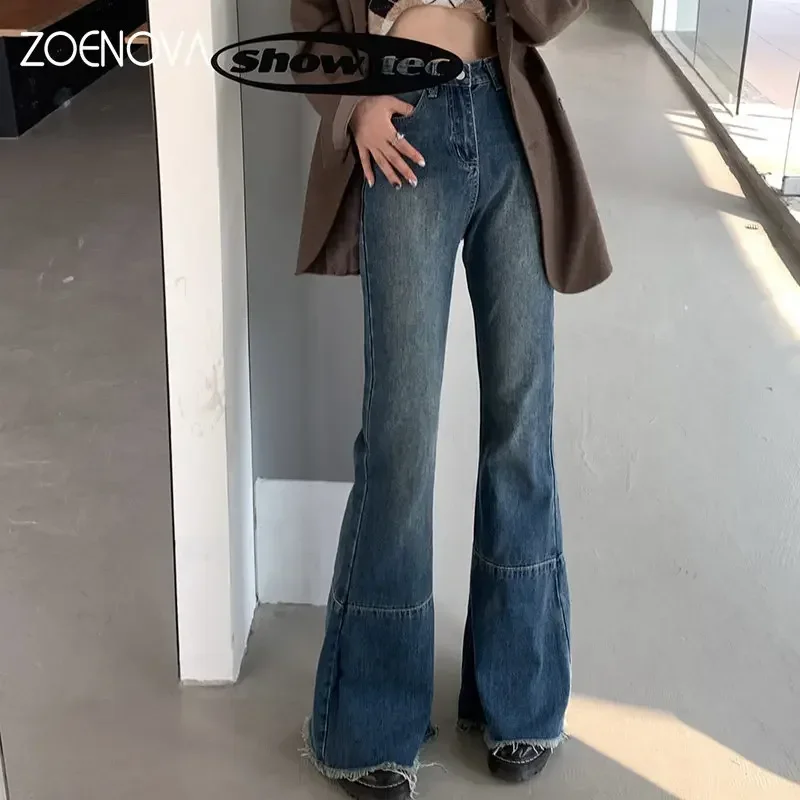 Imagem -05 - Zoenova-jeans Baggy de Cintura Alta para Mulheres Perna Largada Reta Calças Flare Azul Escuro Bainhas de Borla Não Streetwear Harajuku Y2k 2023