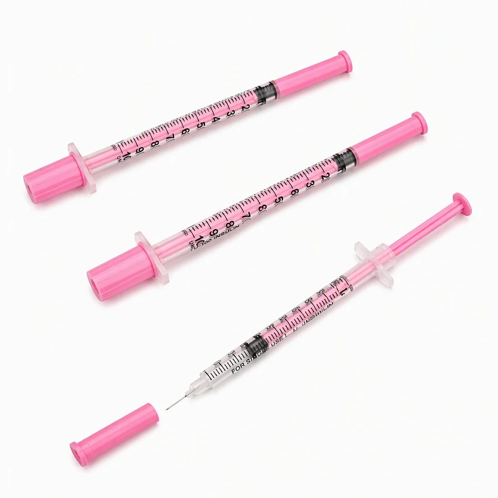 100pcs 1ml/cc 31G 8mm Plastic Manual Sterile Insulin Syringe Pink Cap with 5/16