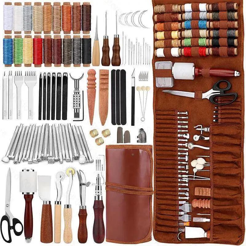 Leather Working Kit Craft Tools Supplies with Sewing Thread Curved Needles Groover for Sewing Carving Punching Stamping