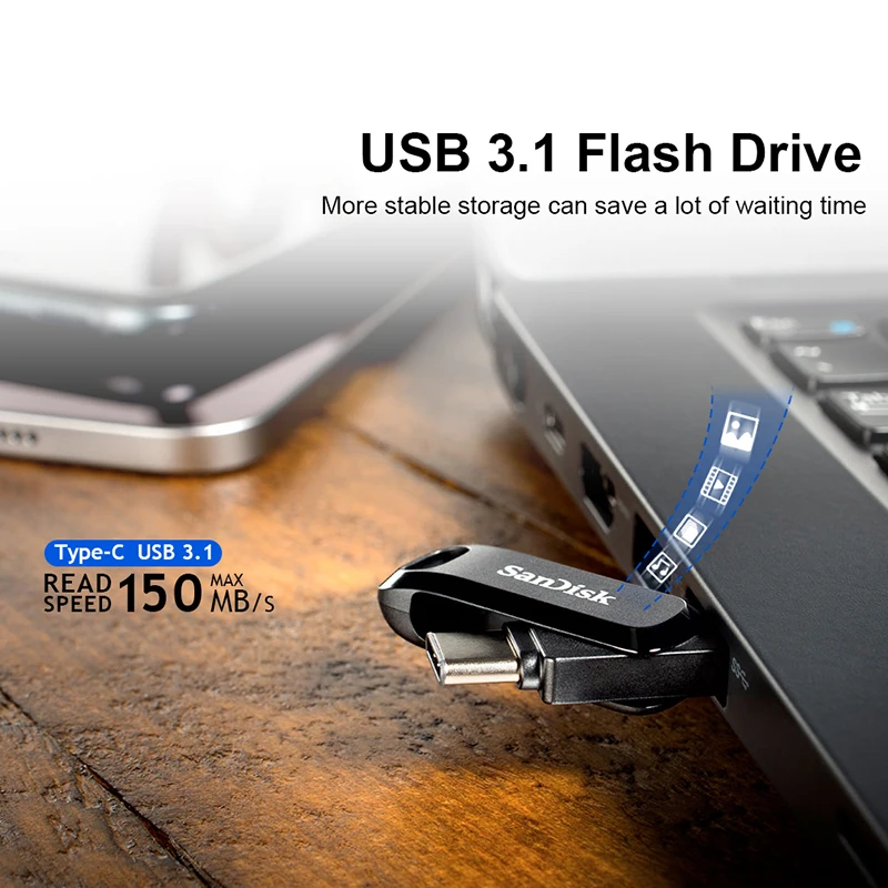 na pamięć flash SanDisk Ultra Dual Drive OTG Pendrive Type-C z USB 3.1 32 ГБ, 64 ГБ, 128 ГБ, 256 ГБ, для смартфона, ноутбука, USB-накопителя