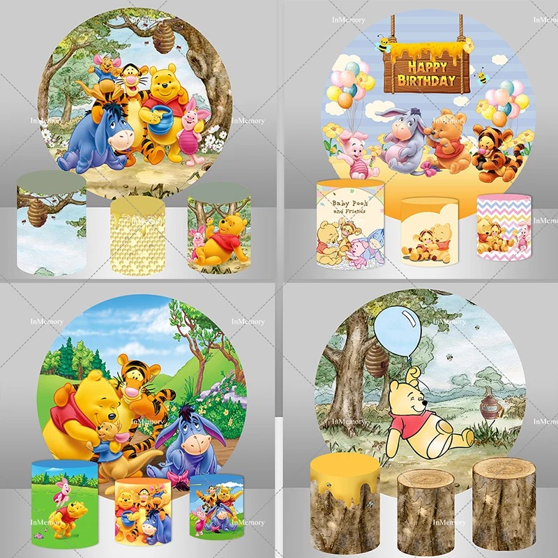 Winnie The Pooh Party Round Backdrops Wedding Decoration Children's Birthday Photobooth Custom Baby Background Decorations Wall