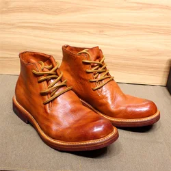 Bottes de rinçage de style britannique pour hommes, cuir de veau souple, bottes de moto faites à la main, semelle en cuir, chaussures d'hiver confortables à lacets