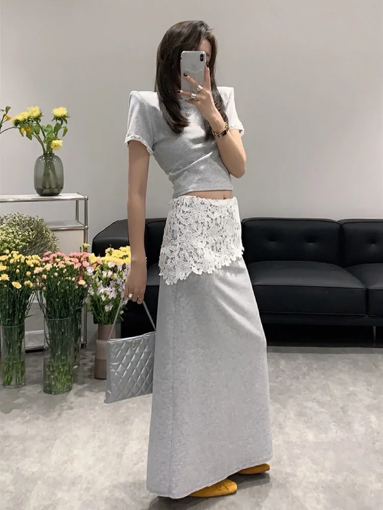 

Women Lace Splicing Short Sleeve T-shirt+Medium to Long Fake Two Piece Lace Splicing Half Body Skirt Korean Style Fashion Set