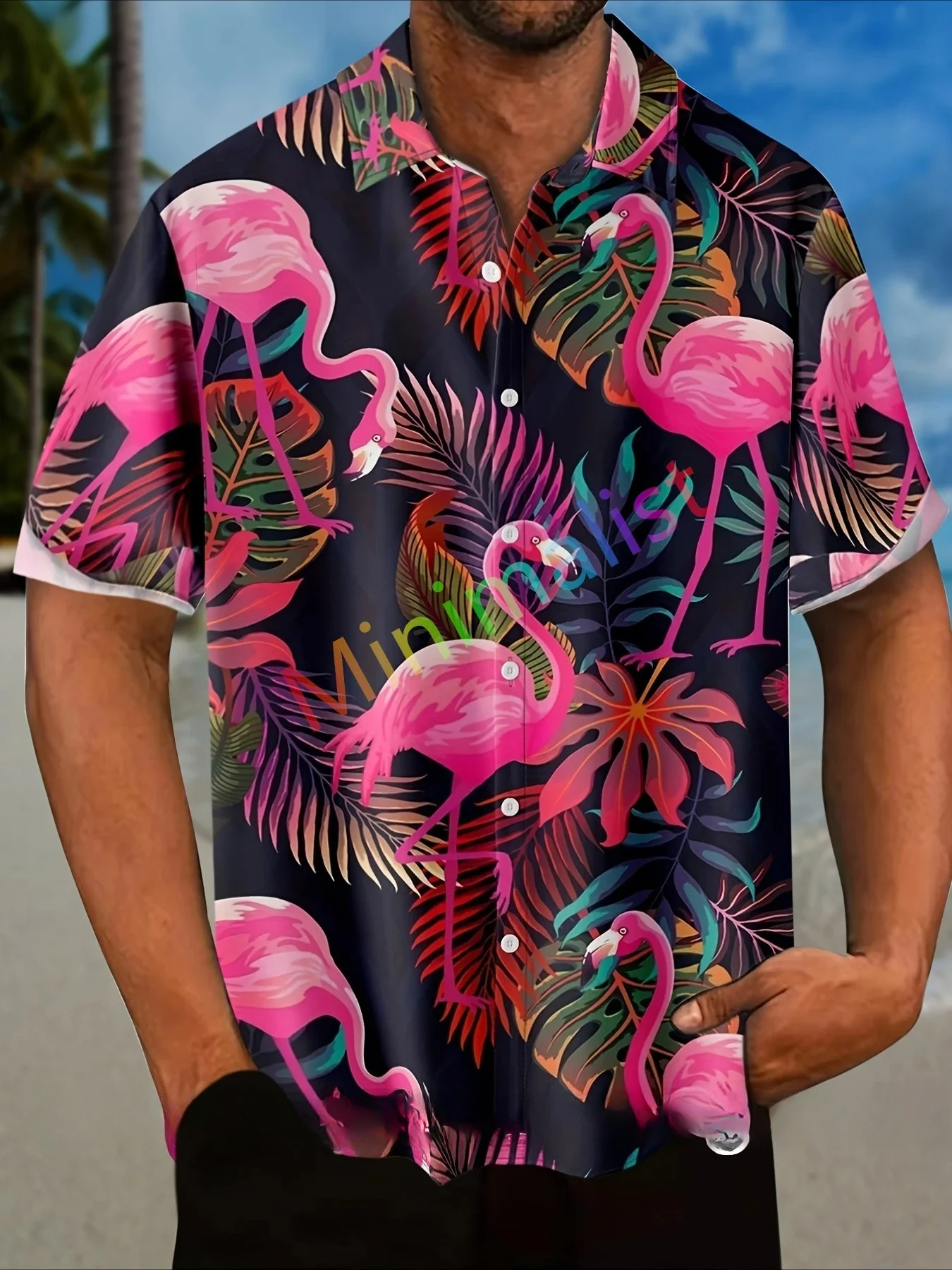 Koszula męska z nadrukiem liści i flamingów na rok 2025, hawajska koszula, codzienna koszula plażowa z krótkim rękawem, modne topy, męska bluzka, odzież letnia.