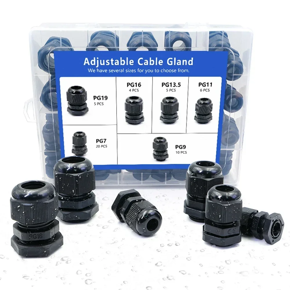 

Waterproof Cable Gland Kit PG Type IP68 Black Nylon Plastic PG7 PG9 PG11 PG13.5 PG16 PG19 50PCS/BOX PA66