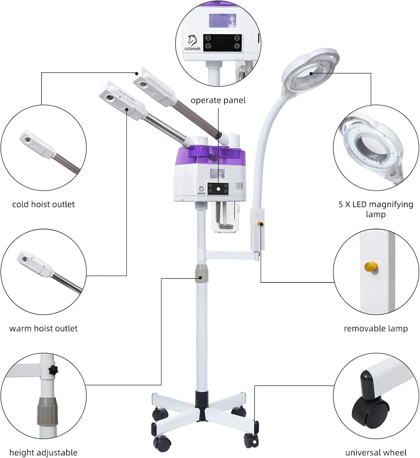 Professional 3 in 1 Facial Steamer on Wheels with 5X Magnifying Lamp Hot/Cold Mist Function