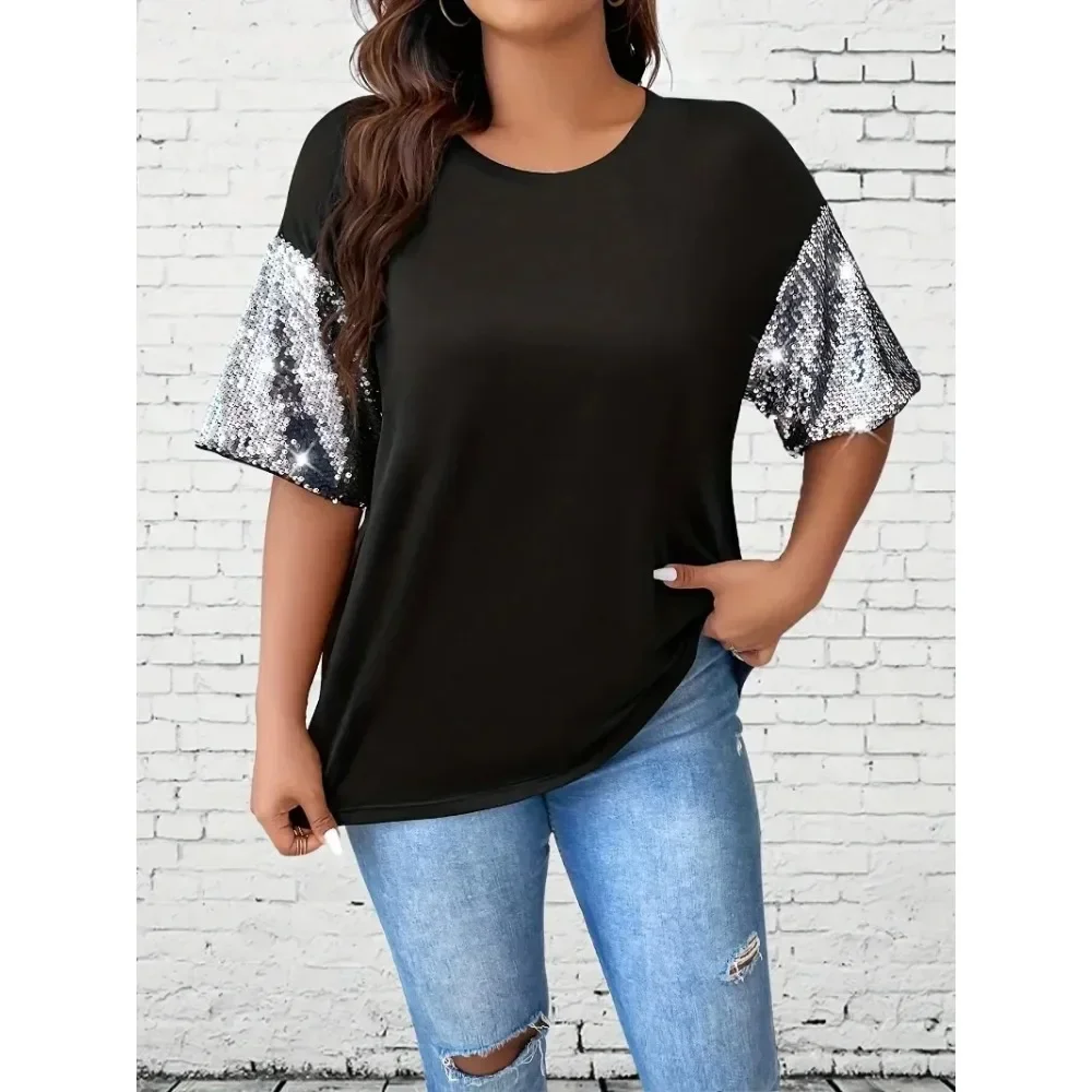 

1XL-5XL Plus Size Women's Light Weight/Breathable Casual Round Neck Short Sleeved Temperament Commuting Top Fashionable Sequins