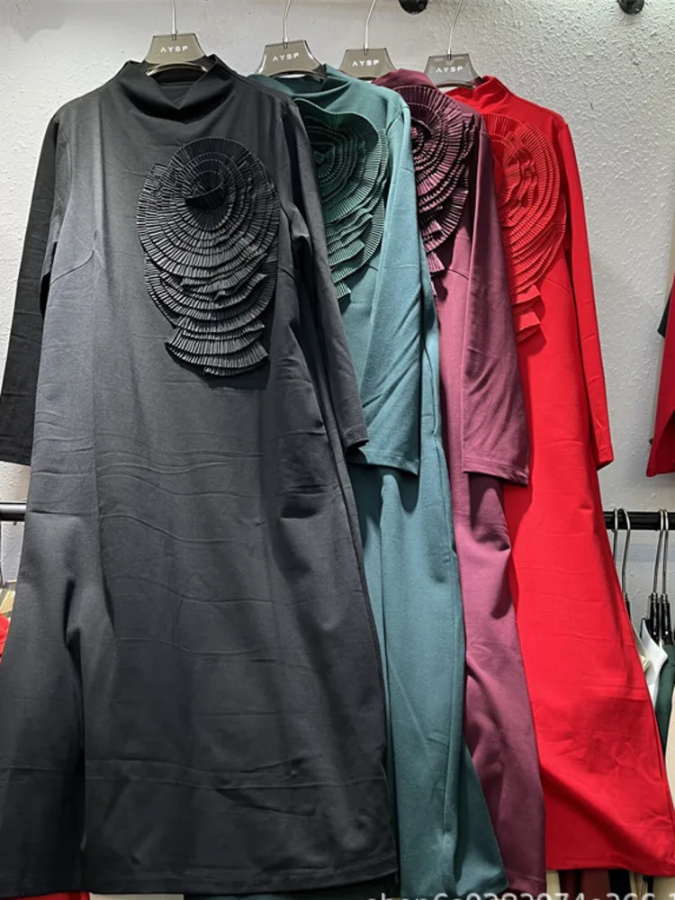 DFDG Women’s Spring Summer 2025 T-shirt Dress Pleated 3D Floral Half Turtleneck Loose Fit Chic Designer Casual Party Dress