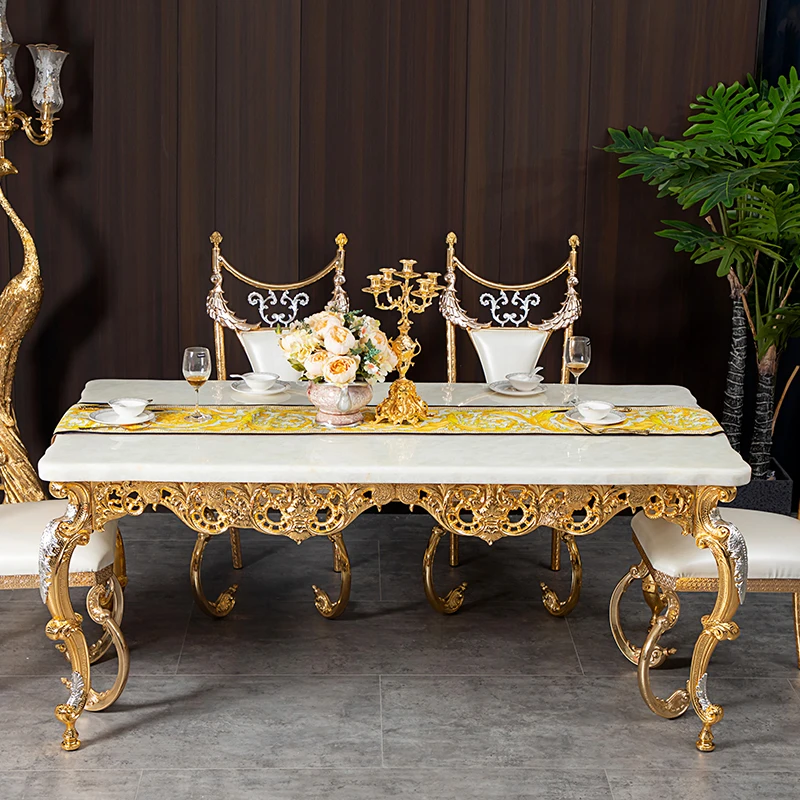 

Natural marble dining table European classical dining table dining chair villa hollow carved flower rectangular dining table