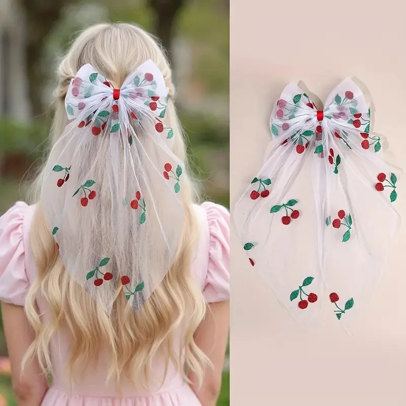 

Kids Bow Hair Clip Cherry Print Tulle Ribbon Barrette Large Big Bownot Ponytail Hairpin Women Girls Headwear Accessories Gifts
