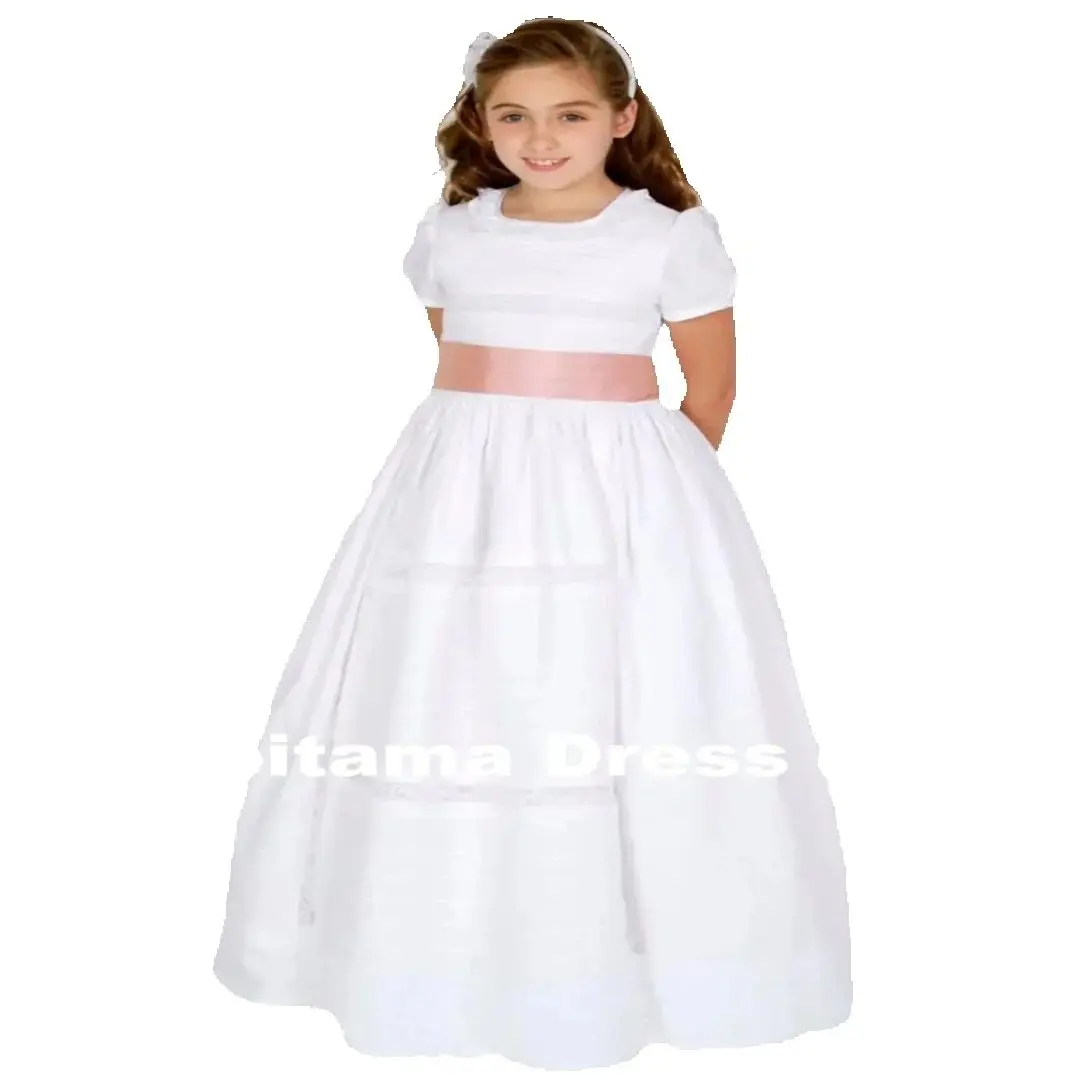 Customization Flower Girl Dresses White Satin Lace With Pink Bow Short Sleeve For Wedding Birthday Party Banquet Princess Gowns