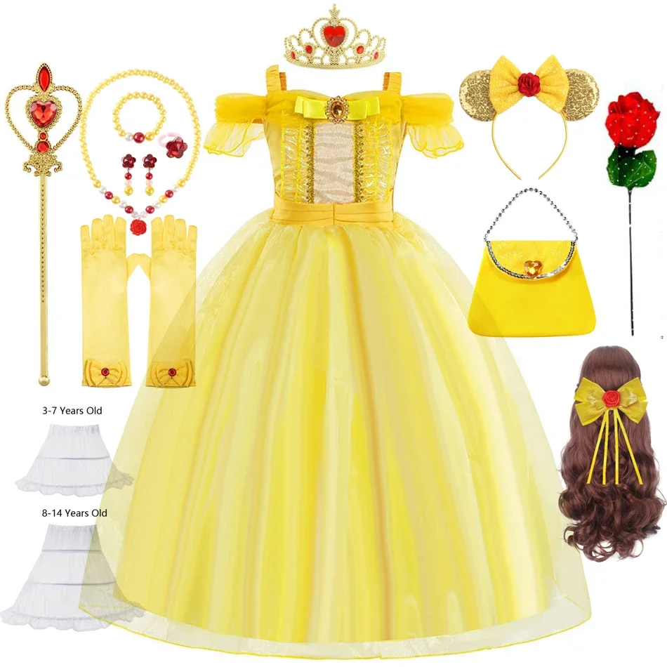 Belle Cosplay Princess Costume for Girl Kids Halloween Birthday Off shoulder Ball Gown Beauty and The Beast Carnival Party Dress