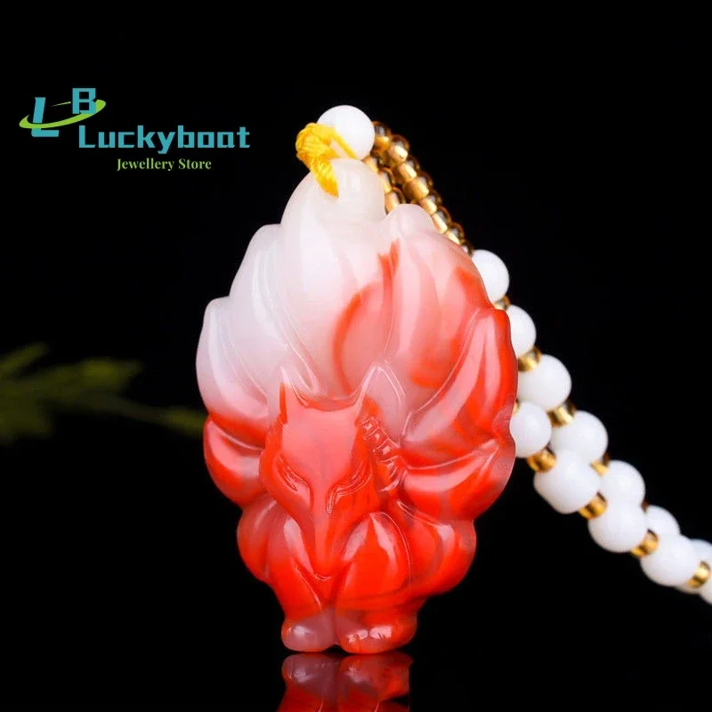 

Натуральный китайский нефритовый куриный кроваво-красный кулон с девятихвостой лисой ручной работы, модные украшения, мужские и женские ожерелья, подарокNatur