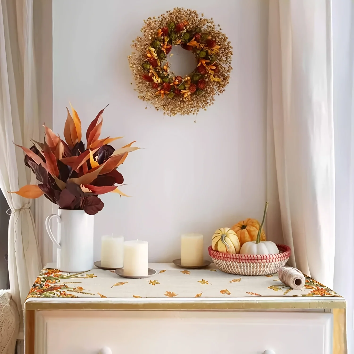 1 Piece of Autumn Pastoral Table Runner, Painted Hedgehog, Pumpkin, Flower and Bird, Suitable for Restaurant, Home, Picnic, Harvest Party, Market Decoration.