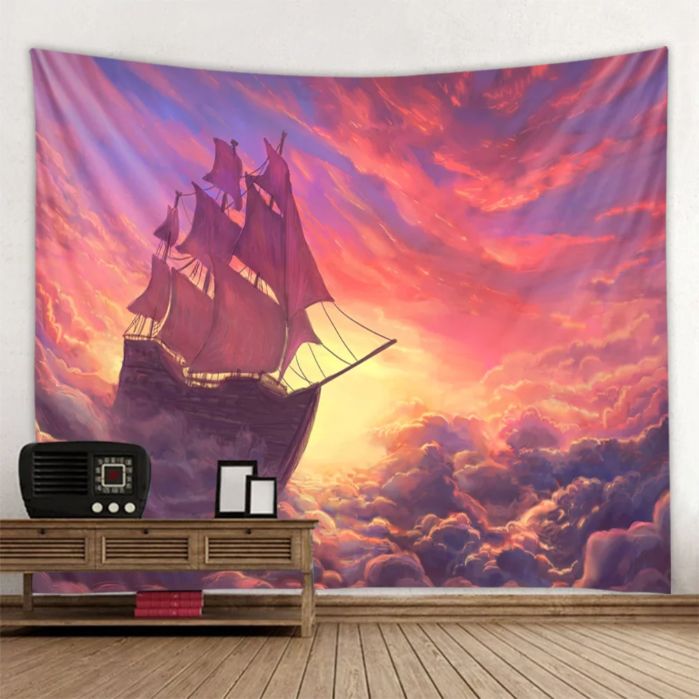 Vintage ship sailing tapestry pirate ship wall hanging mysterious night waves bedroom living room dormitory home art decoration