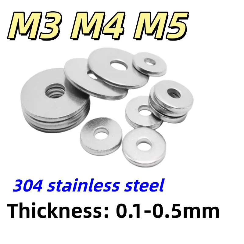 M3 M4 M5 304 Stainless Steel Flat Washer Circular Enlarged and Thickened Metal Washer Thickness0.1-0.5mm