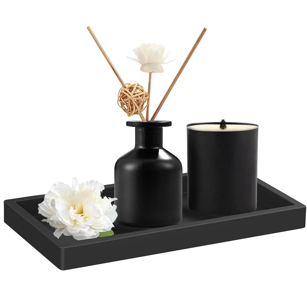 Bathroom Countertop Decoration Pendent Candle Container Aromatherapy Holder with Silicone Vantity Tray Black Glass Container