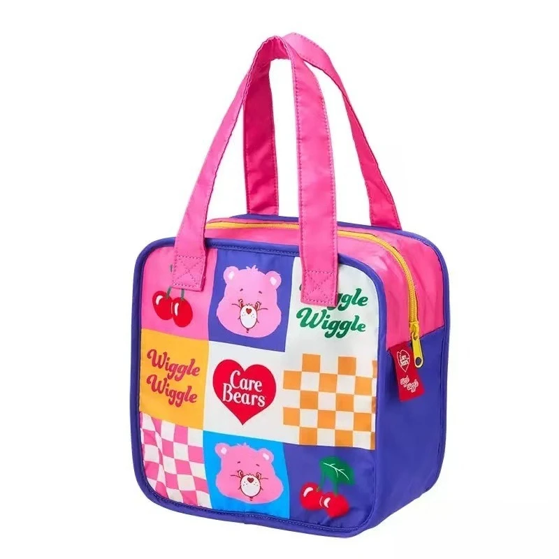 Cute Color Block Cartoon Care Bears Lunch Bag Portable Insulated Food Storage Tote Bag Zipper Handbag for Picnic Travel