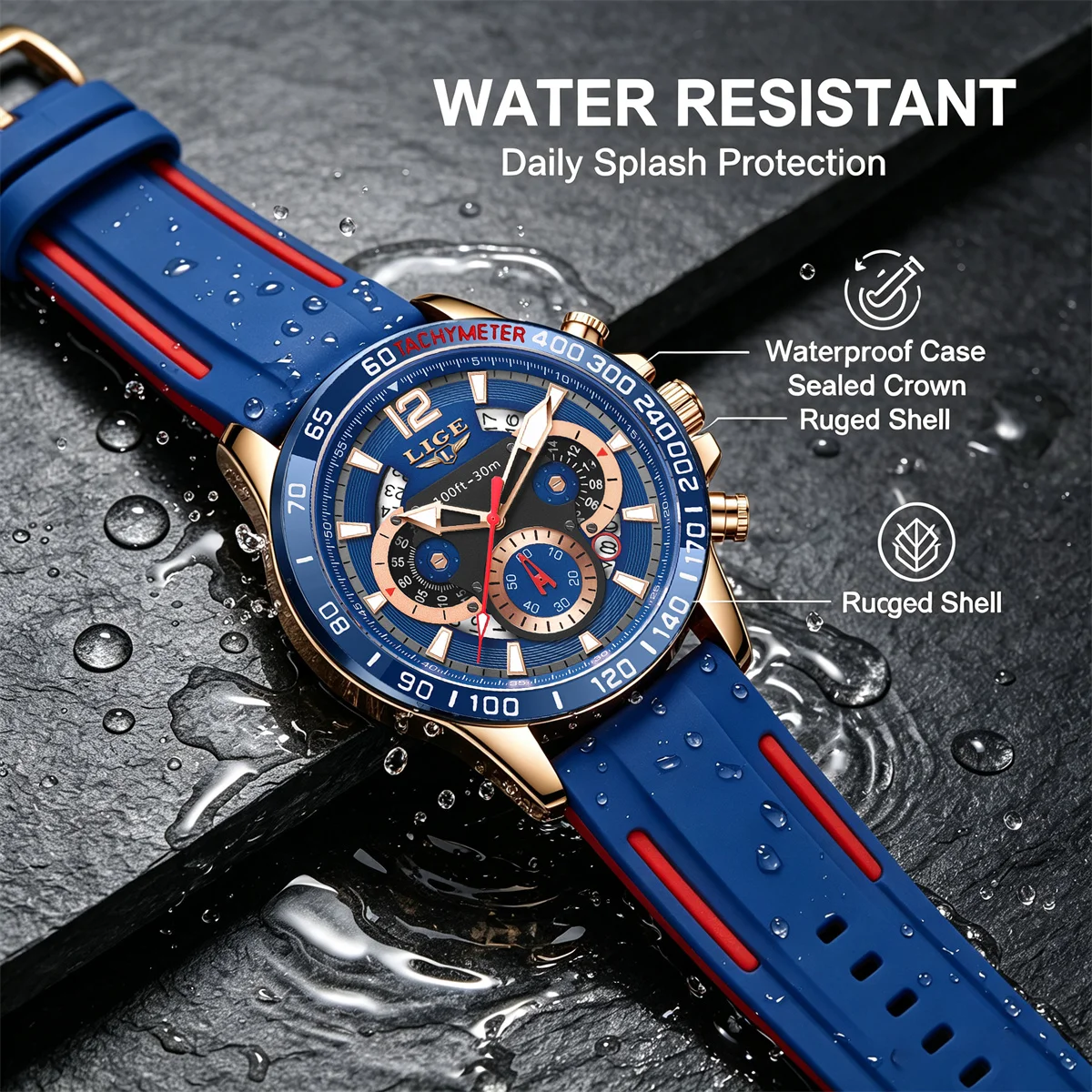 LIGE Men's Watch Original Brand Quartz Wristwatch Waterproof Luminous Watches For Men Stylish Design with Silicone Strap Box