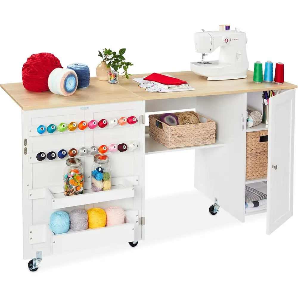 

Versatile Portable Craft Station with Storage, Casters, and Shelves in Natural White