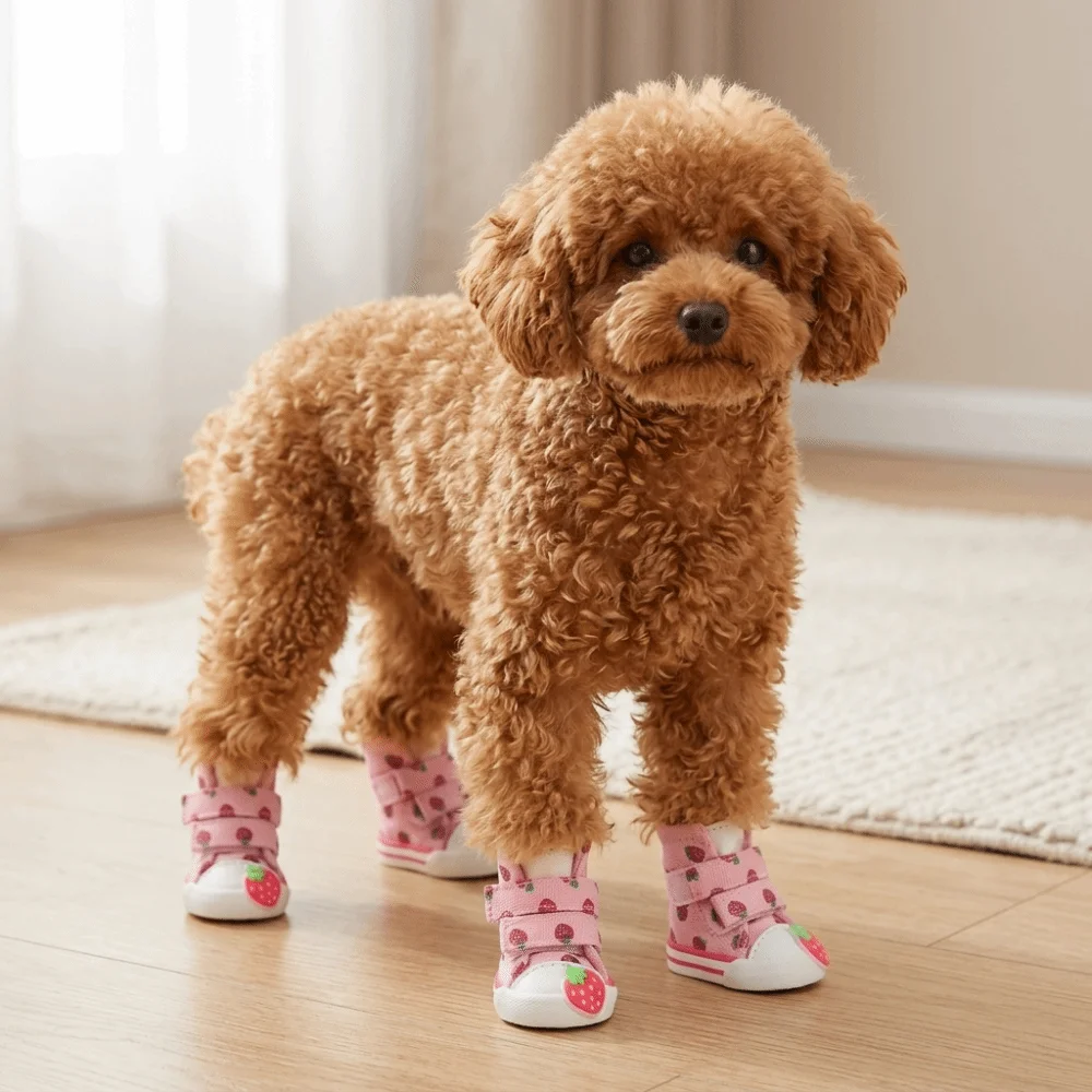 4 Pcs Small Dog Canvas Pet Shoes Anti-slip Breathable Dog Shoes Strawberry Pattern Soft Dog Boots Outdoor