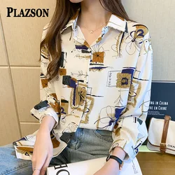 PLAZSON Harajuku Women's Long Sleeve Shirt Loose Casual Print Chiffon Blouses Fashion All-match Button-up Tops рубашка женская