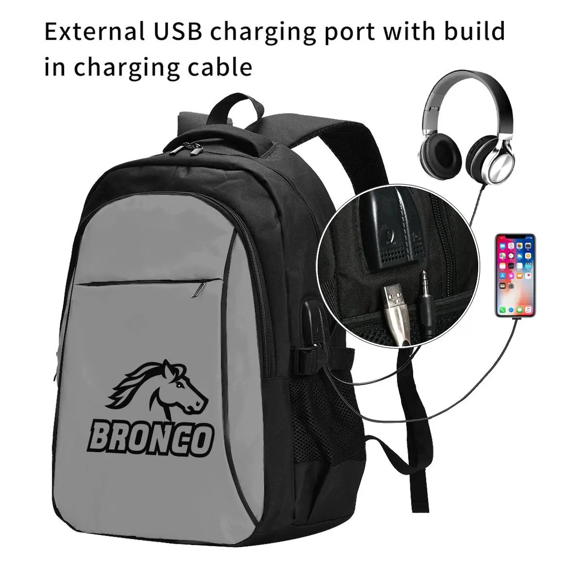 Bronco Usb Backpacks Fashion Tote Travel Hiking Usb Port Notebook Bags