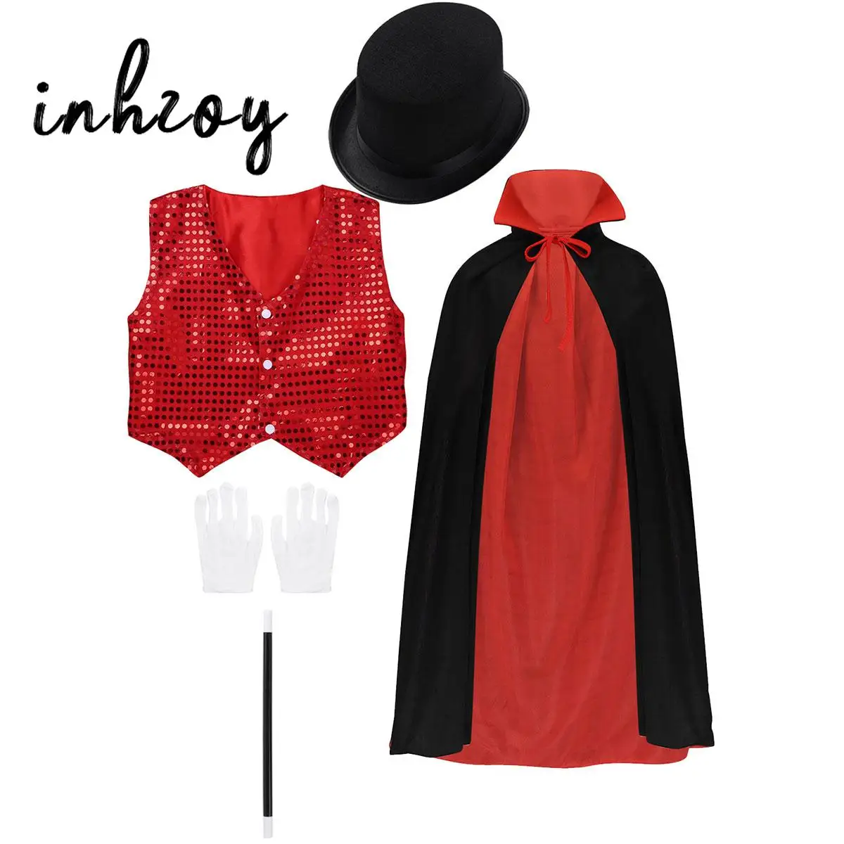 子供のための魔術師のロールプレイングコスチューム,5ピース,ベスト,スパンコール,チョッキ,ケープ,帽子,魔法の杖,コスプレ用手袋セット,ジャズダンス衣装