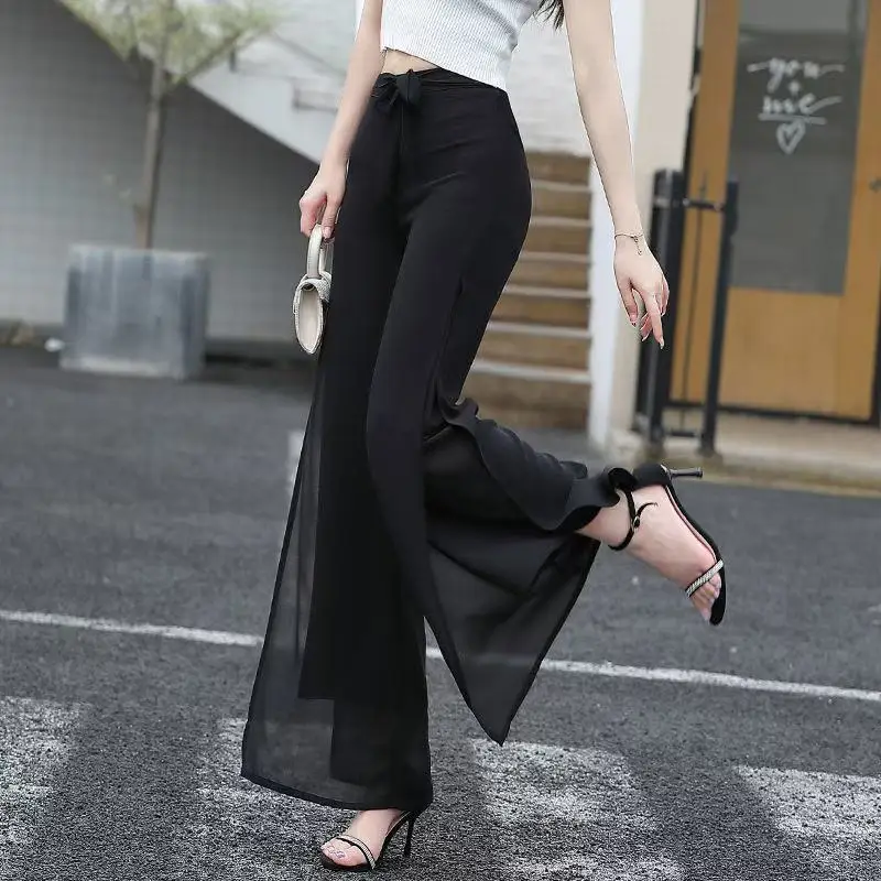 2025 Elegant Fashion Harajuku Slim Fit Women Clothes Loose Casual All Match Chiffon Wide Leg Pants High Waist Split Skirt Pants