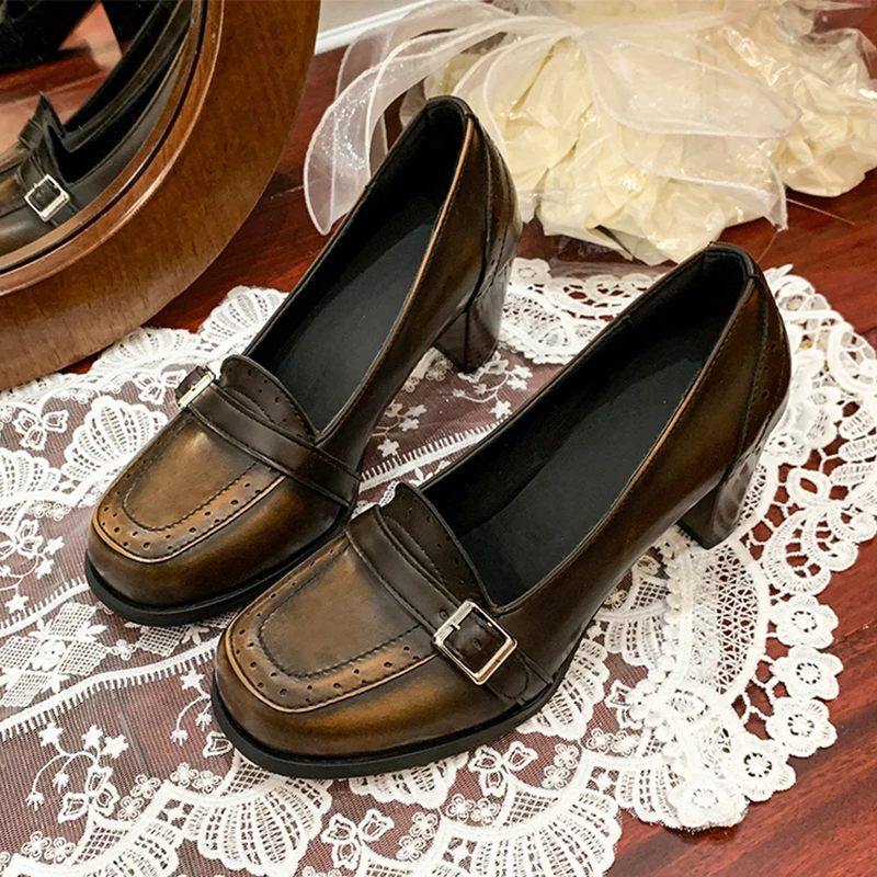 

Designer Women High Heels Loafers Shoes Luxury Chunky Leather Shoes 2026 Spring New Office Pumps Trend Retro Shallow Shoes Mujer
