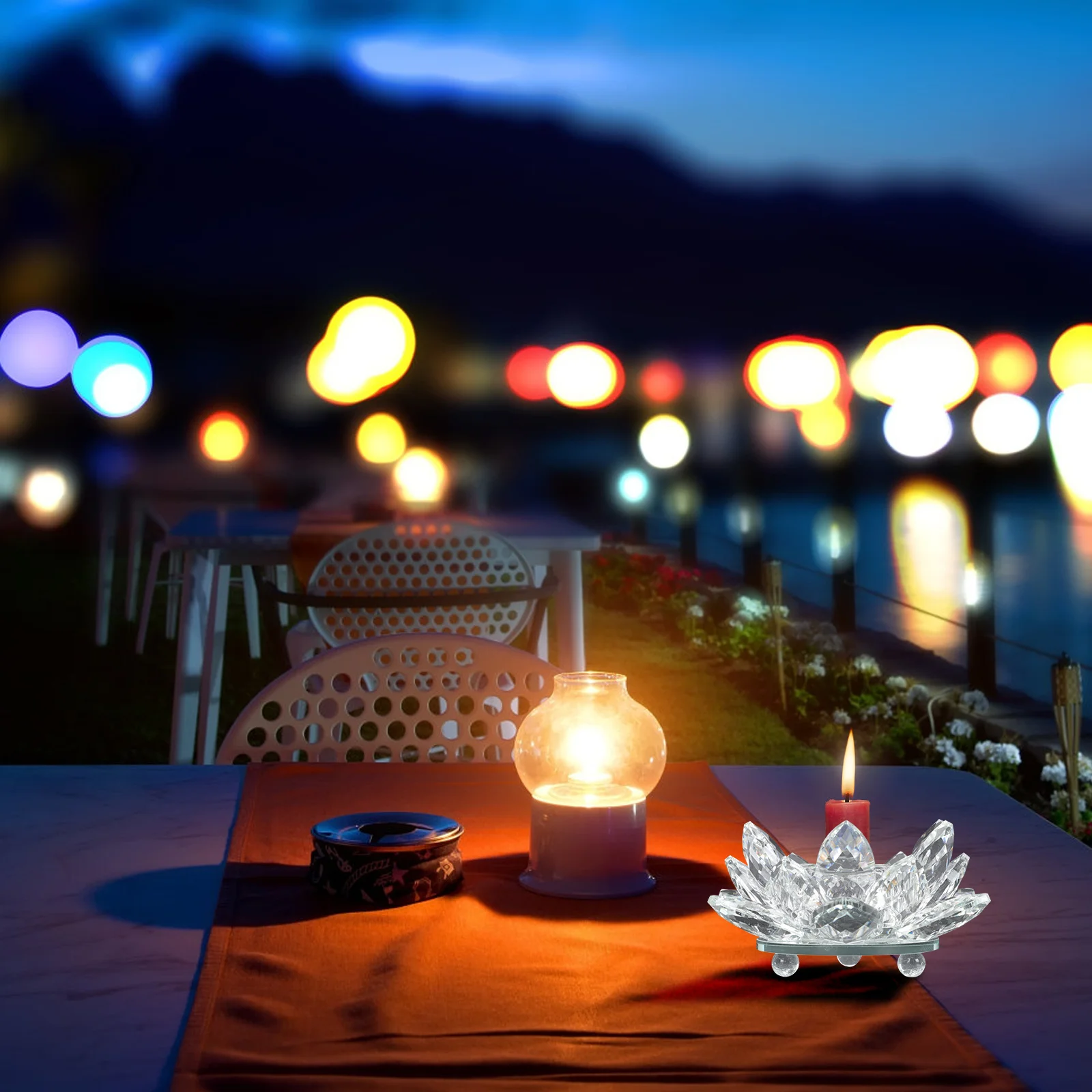 

Elegant Crystal Lotus Shaped Glass Holder Buddha Hall Butter Lamp Holder Meditation Decor Buddhist Candlestick