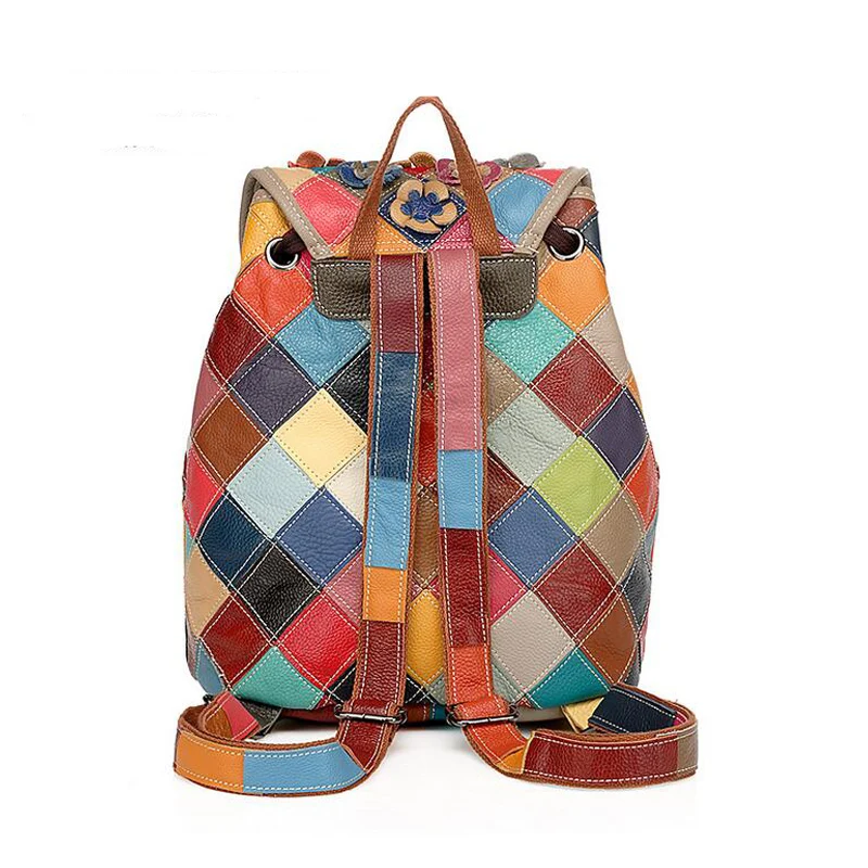 LOMANTINA Women Backpack Fashion Causal Flowers Colorful Patchwork Female Shoulder Bag Cow Leather Backpacks for Women Mochila