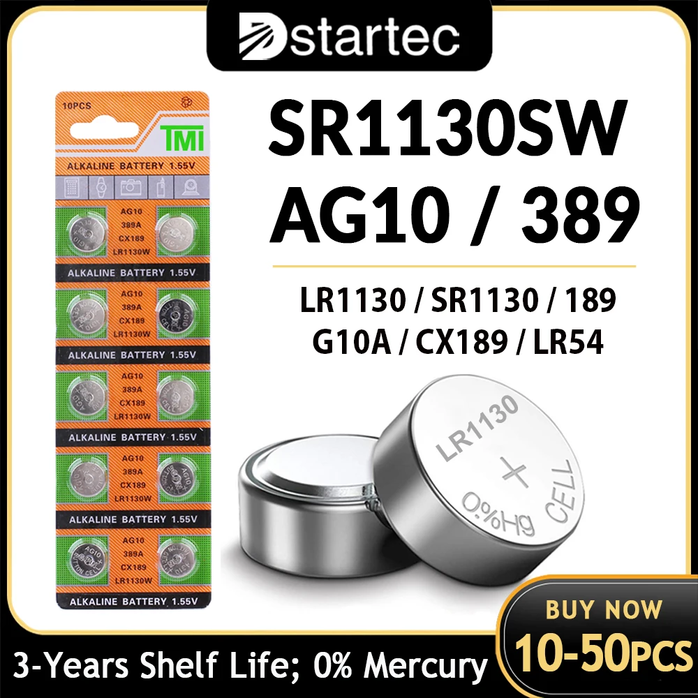 단추 배터리 G10A SR1130SW 셀, 동전 시계 장난감, 원격 배터리, 1.55V AG10 LR1130 SR54 389 189 SR1130 D189 LR54, 10 개-50 개
