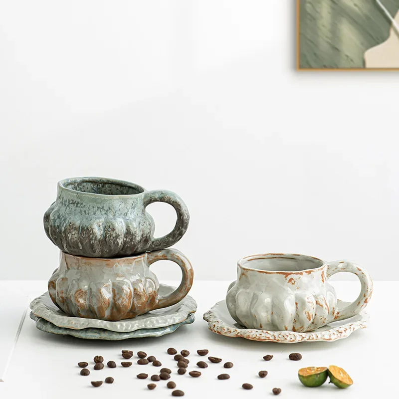 Retro Coarse Pottery Coffee Cup Pumpkin Shaped Coffee Cups Spoon with Lid Mugs Household Relief Cup and Disc Set Christmas Gifts