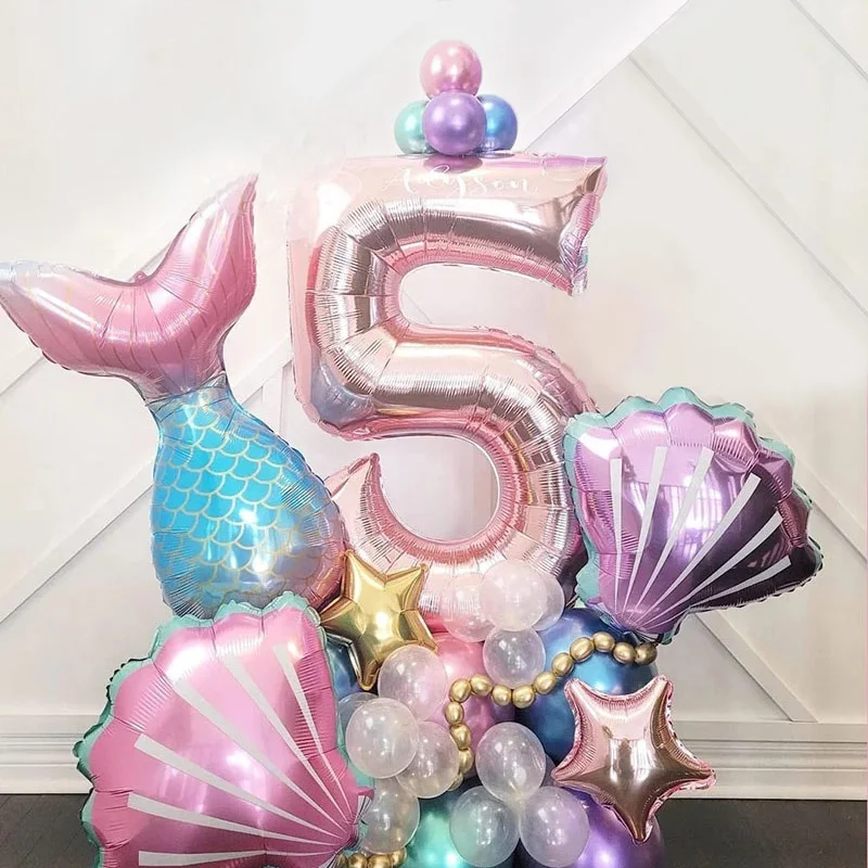 33Pcs Mermaid Tail Balloons Rose Gold 0-9 Number Foil Balloon Kids Girl Little Mermaid Birthday Party Decoration Baby Shower