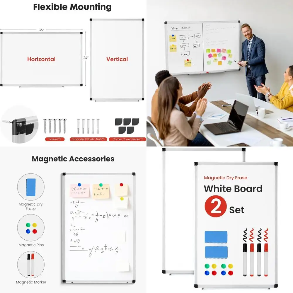 

Пара магнитных досок 36x24 с серебряной алюминиевой рамкой, 2 ластики, 4 маркера и 8 магнитами.