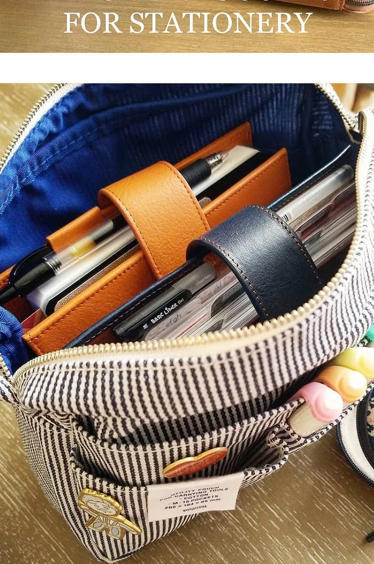 Große Kapazität Canvas Aufbewahrungstasche Einfaches Design für Gymnasiasten Mehrschichtiges Federmäppchen und Tasche für Jungen und Mädchen – Detail 6