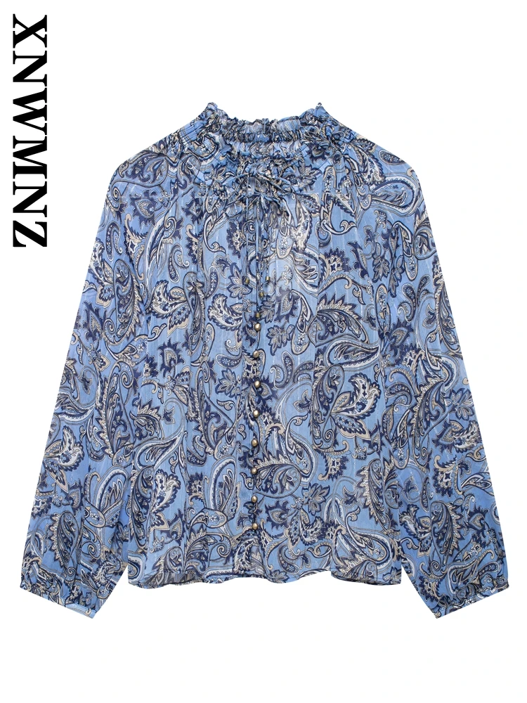 XnWMNZ 2024 New Autumn Woman's Casual O-Collar Long Sleeve Print Shirt Coat Female Fashion Single-breasted Paisley Ruffles Top