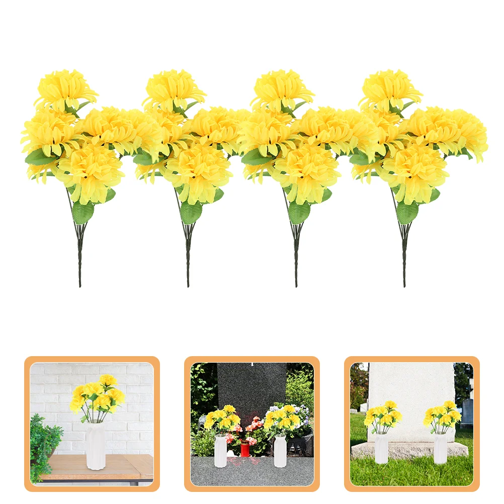 4 Pcs Chrysanthemum Bouquet 7 Yellow Artificial Cemetery Chrysanthemum Flowers Cemetery Grave Decoration Faux Floral Stem