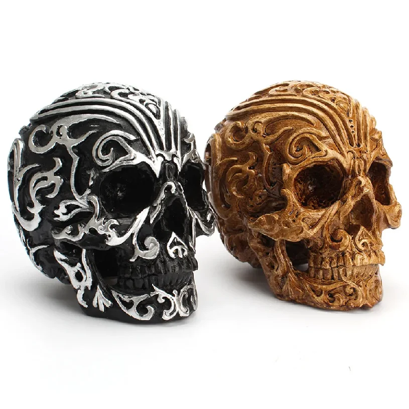 1Pcs Carved Skull Head Resin Decor Fire Resistant Corrosion Resistant Gothic Halloween Party Home Brown Skull Decor