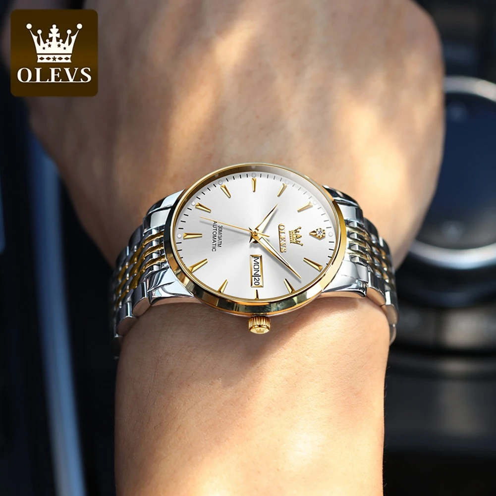 OLEVS 6635 Mechanical Business Watch Gift Stainless Steel Watchband Round-dial Week Display Calendar Luminous