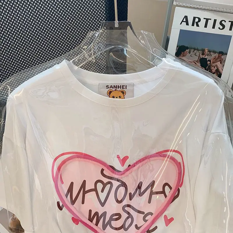 DAYIFUN-Women's Vintage Short Sleeve T-Shirts Versatile Love Print Design Sense Tshirts Round Neck Loose Tops 2024 Summer Tees