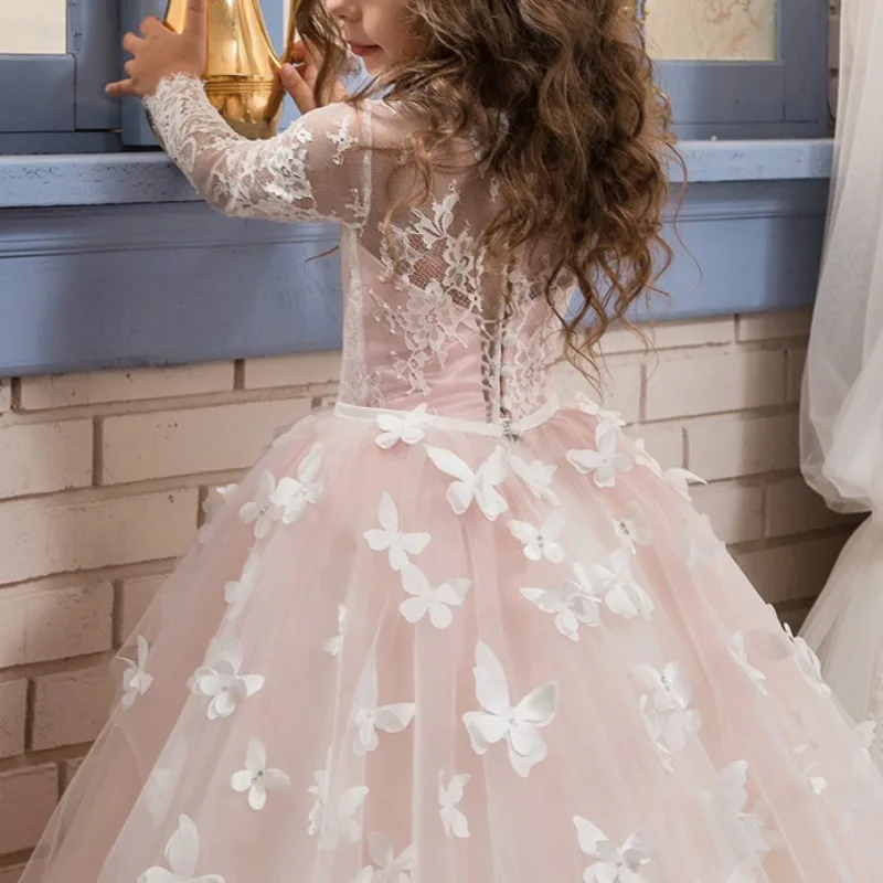 Elegante manica lunga Flower Girl abiti in pizzo banchetto Party bambini ragazze compleanno abiti da ballo farfalla Kid Tulle Dress Vestido