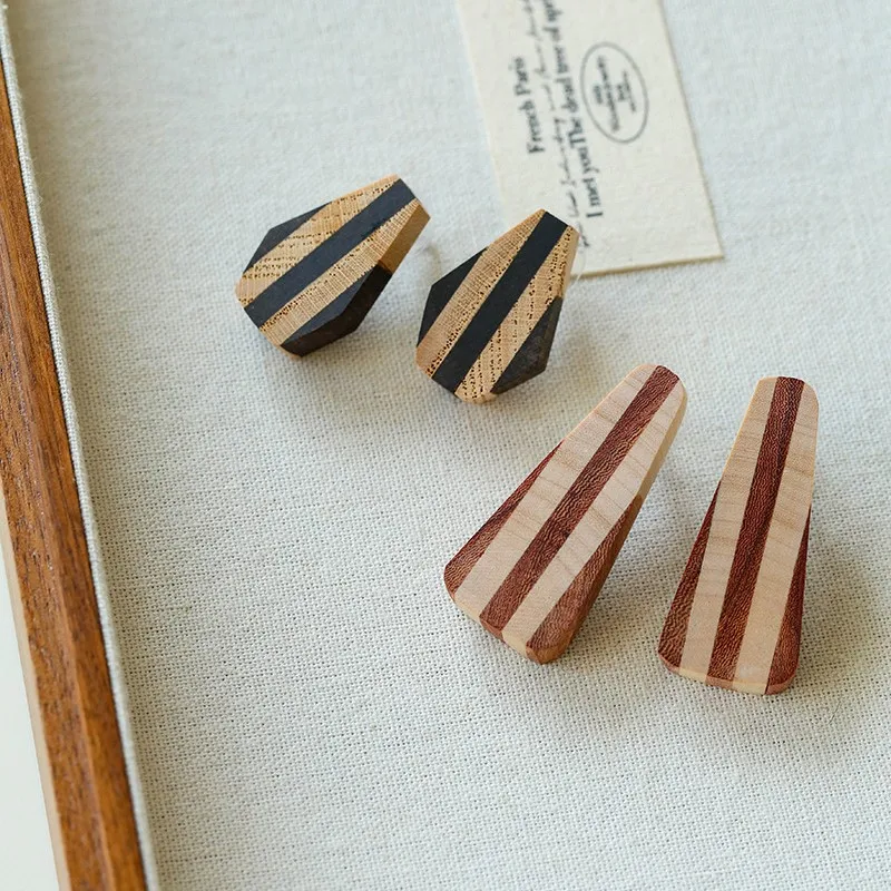 

Wooden Geometric Earrings, Ebony & Rosewood Vertical Grain Studs, Forest Style Minimalist Design